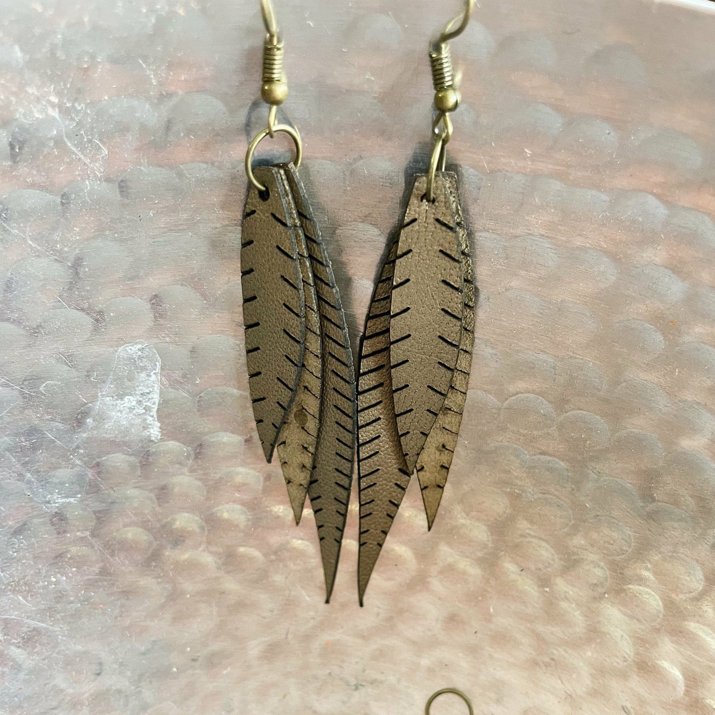 bronze stacked leather earrings
